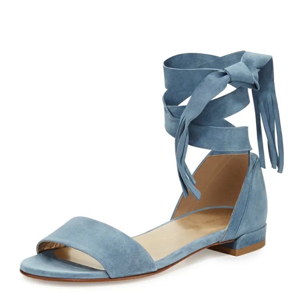Stuart Weitzman “Corbata” Blue Suede Wrap Sandals